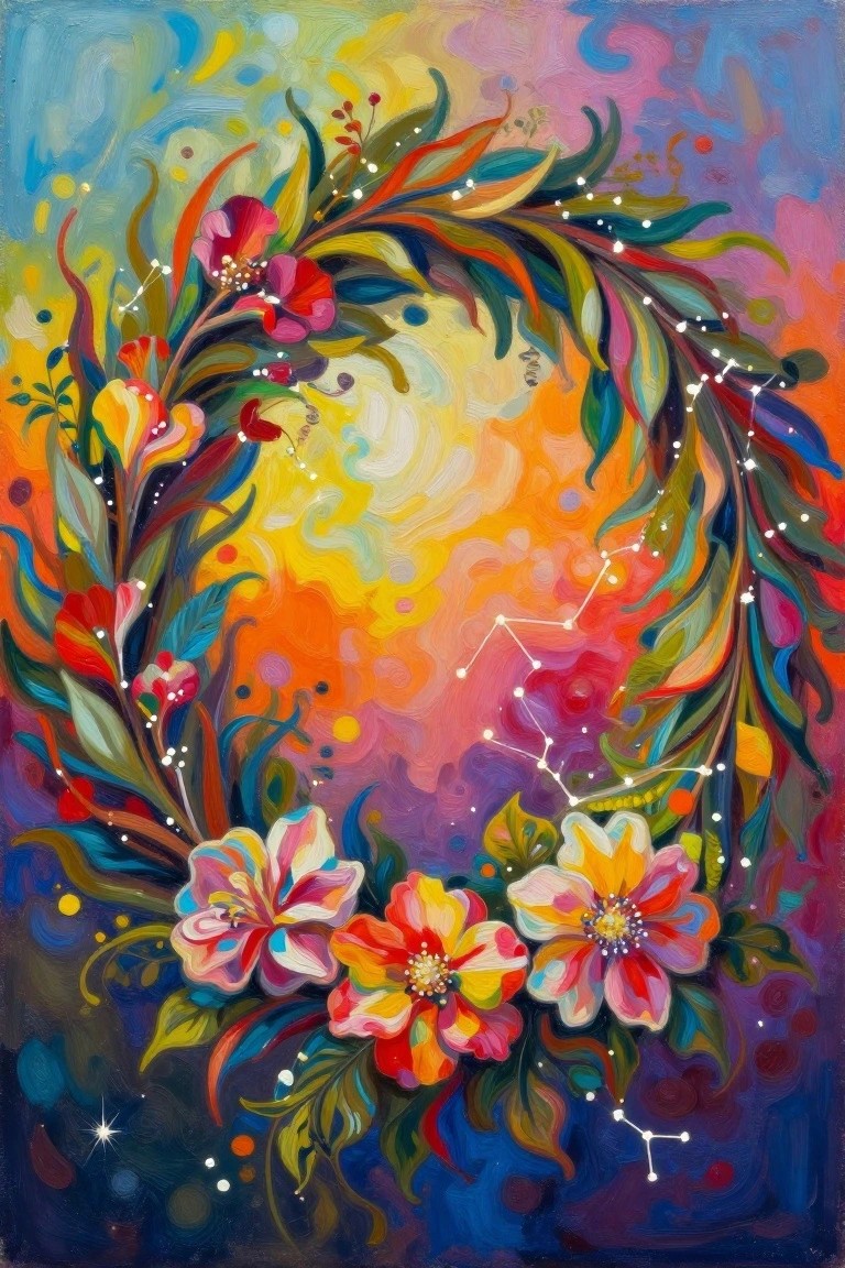 Vibrant floral wreath with constellation stars on swirling cosmic background