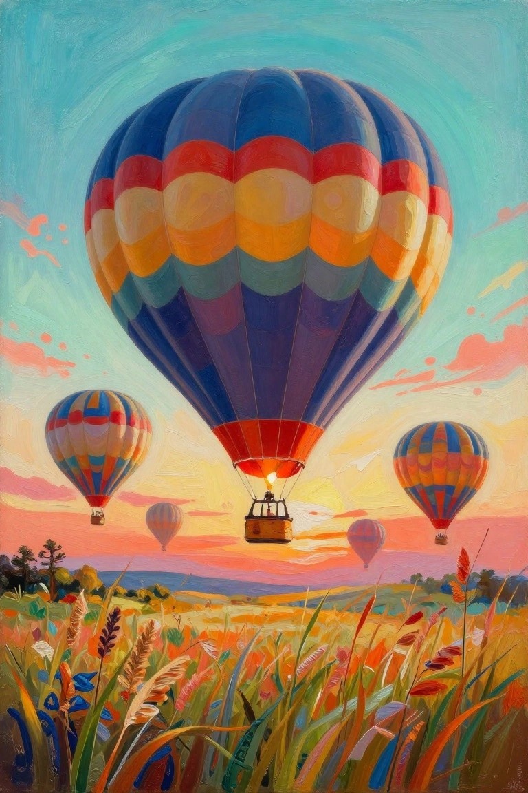 A painting of several colorful hot air balloons in the sky above a grassy field at sunset, with one large balloon in the center and smaller ones around it.