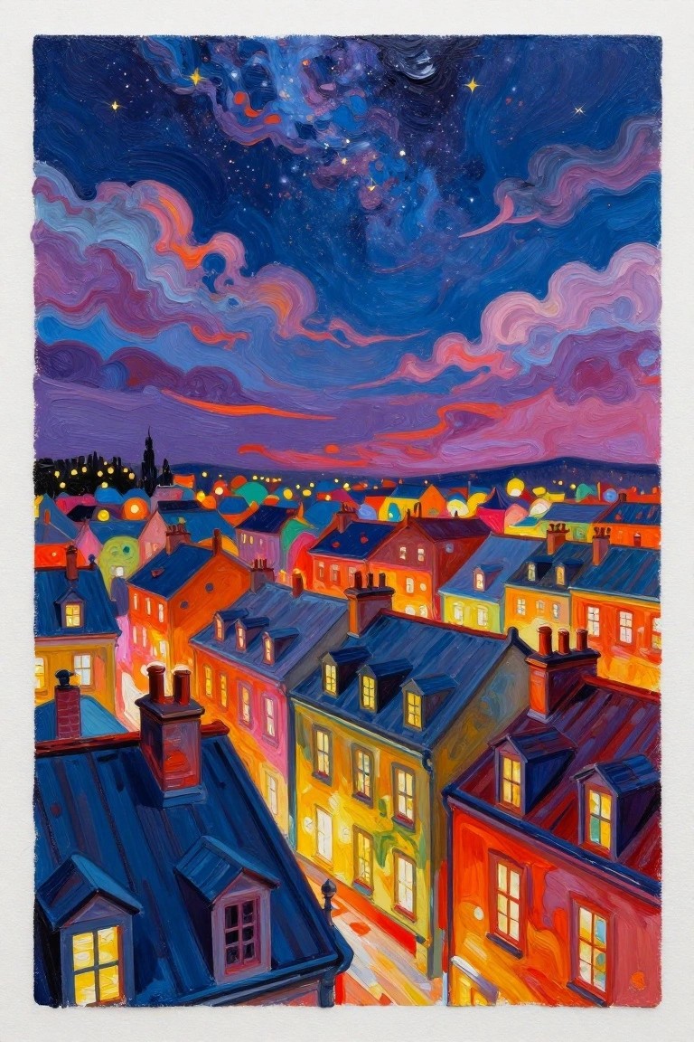 Colorful glowing houses beneath swirling purple starry night sky in vibrant painting