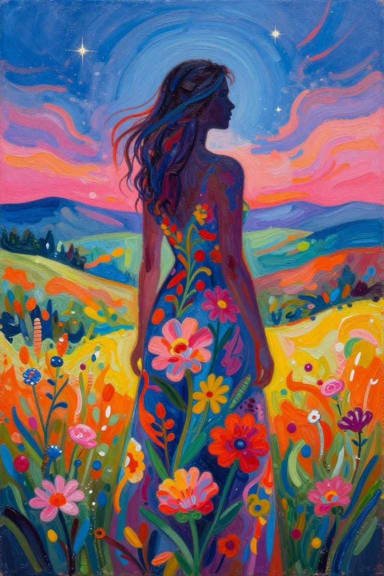 Woman in floral dress amid vibrant wildflowers under swirling pink-blue sunset sky