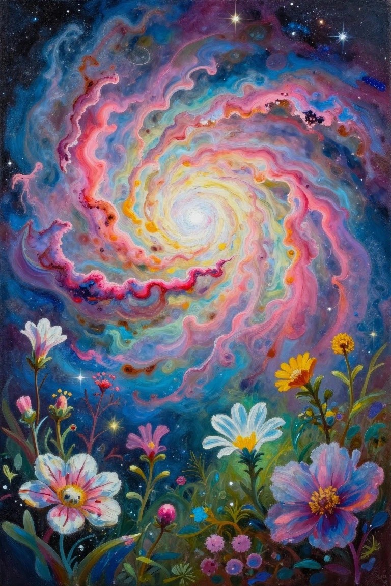 A vibrant spiral galaxy in pink, blue, and yellow tones dominates the upper portion of the canvas with a cluster of colorful wildflowers painted across the bottom edge against a dark starry background.