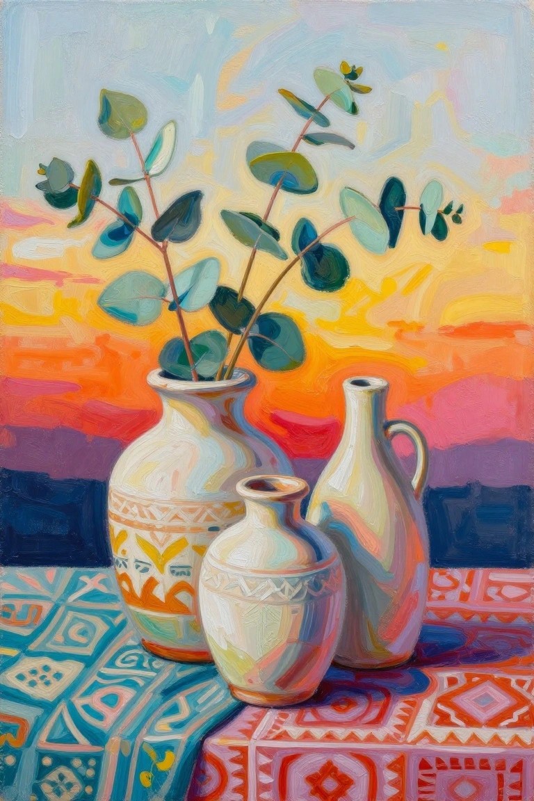 Three vases with eucalyptus on vibrant patterned cloth against a colorful sunset.