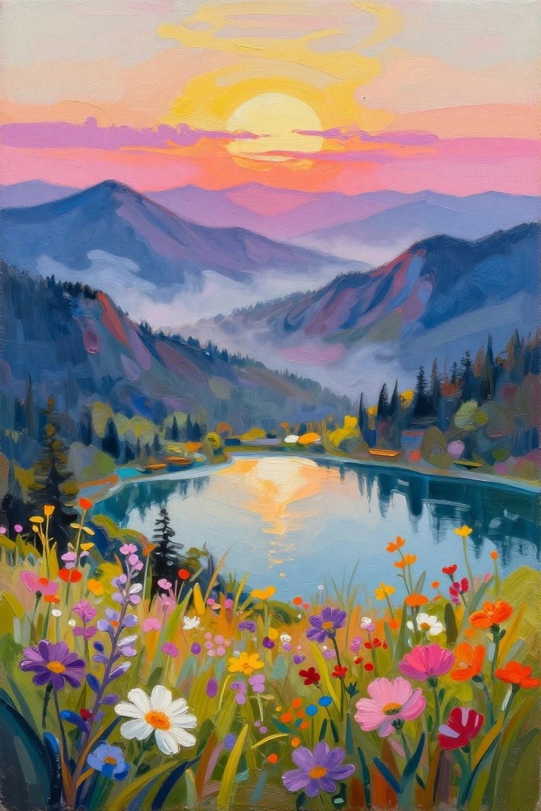 Sunset over mountains reflected in a lake amid colorful wildflowers.