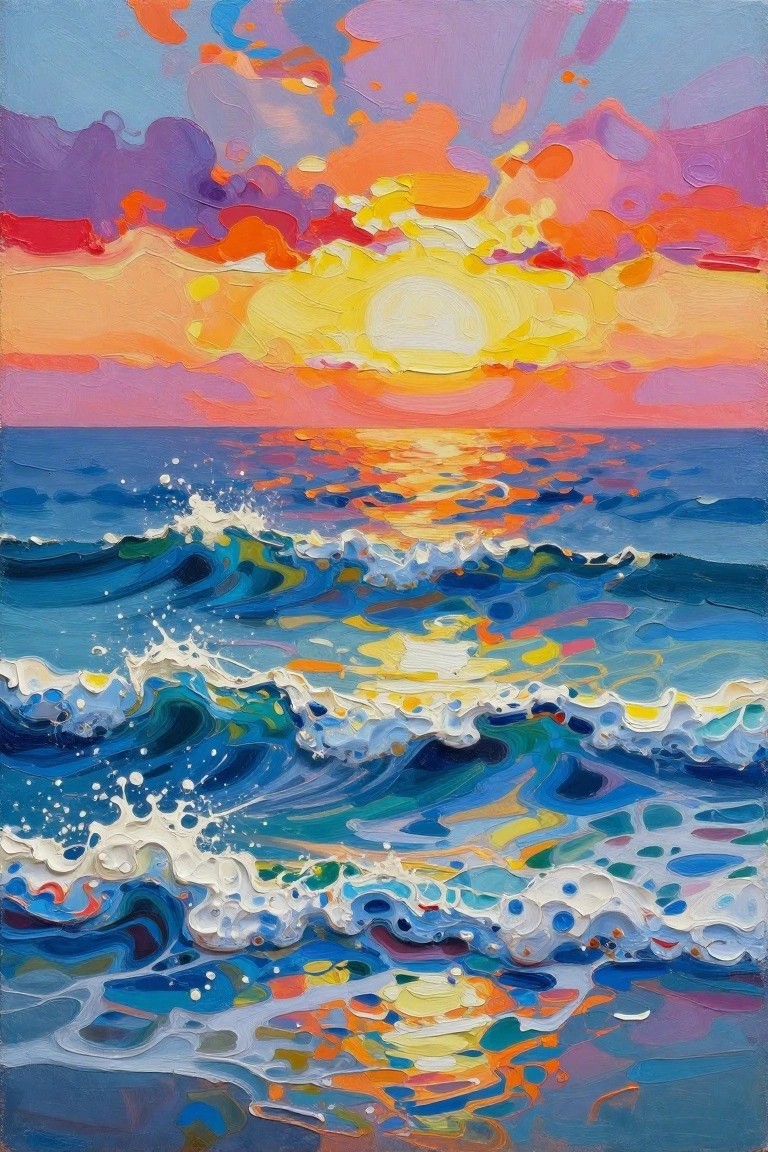 Vivid impasto painting of sunset reflecting on crashing colorful ocean waves