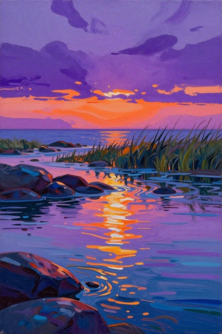 Vibrant sunset painting with orange reflections on purple water, rocks and reeds along shore