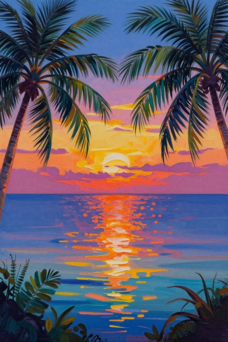 Vibrant sunset painting over ocean with glowing reflections framed by palm trees