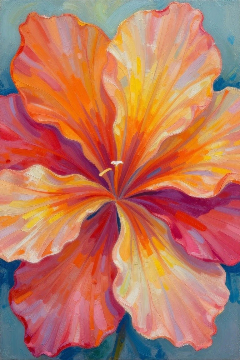 Vibrant hibiscus flower with orange, yellow, and pink petals in painterly style
