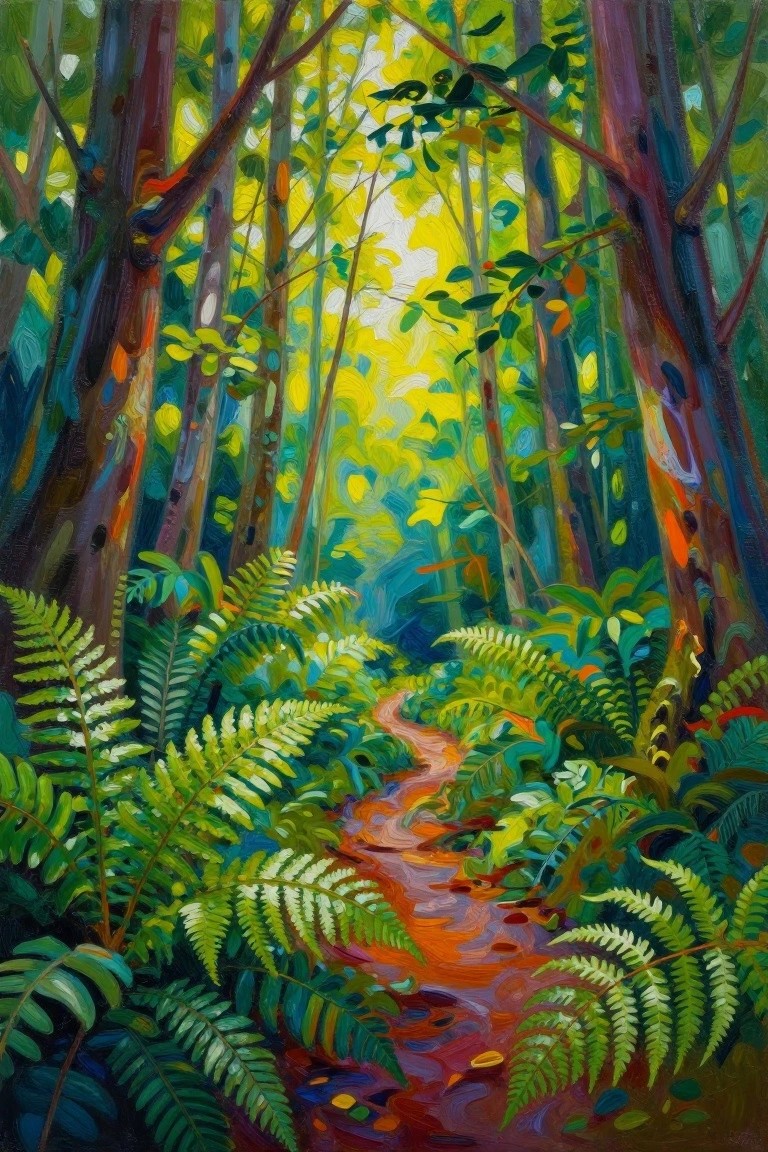 Vivid forest painting with tall colorful trees, ferns, and winding orange path.