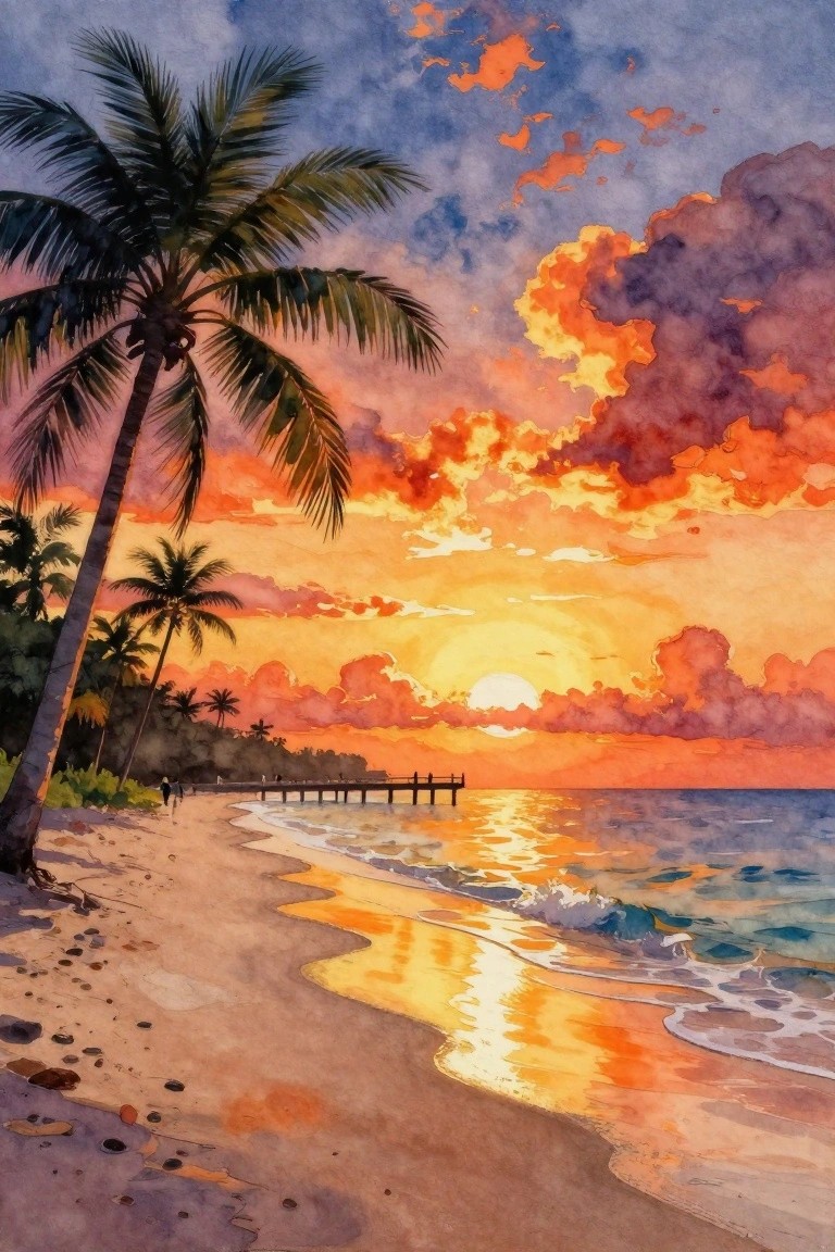 Watercolor sunset over tropical beach with palm trees, pier, and vibrant clouds