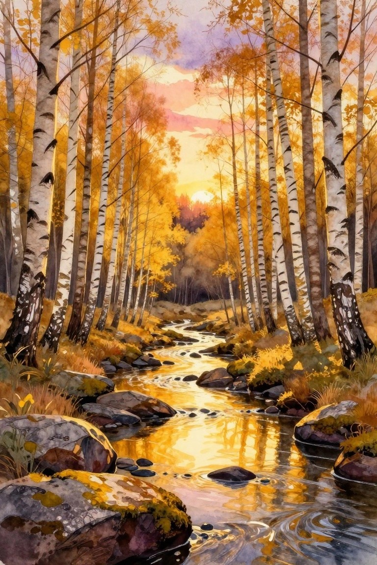 Watercolor of golden autumn birches lining a rocky stream at sunset.
