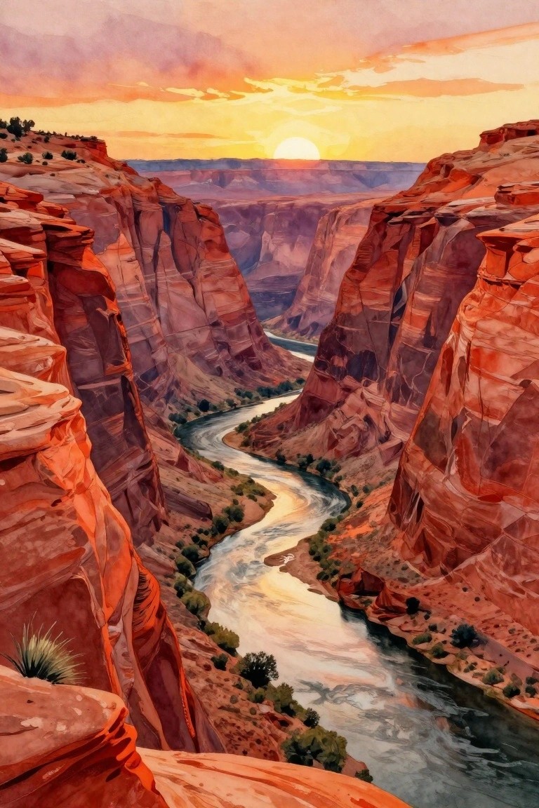 Watercolor painting of a deep red canyon at sunset with a winding river running through the center.