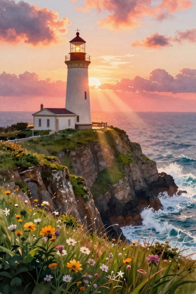 Lighthouse on flower-covered cliffs beside crashing waves under golden sunset rays