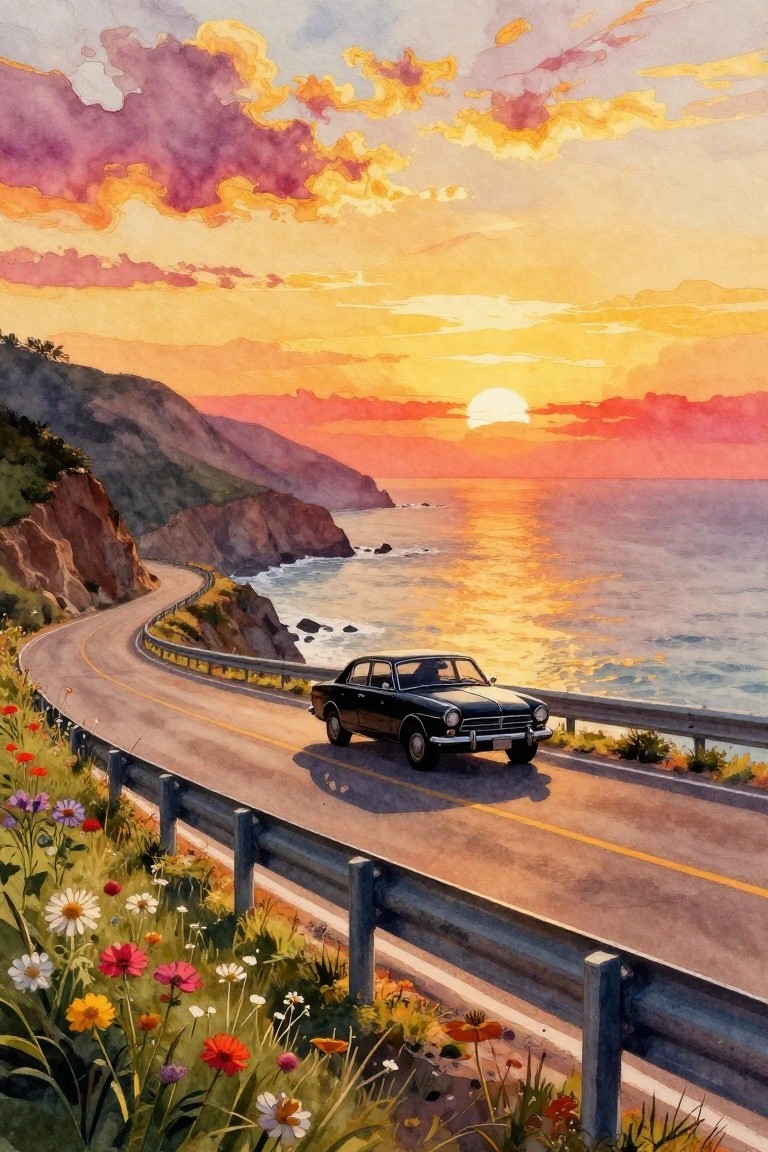 Vintage black car curving along ocean cliff highway at vibrant sunset with wildflowers.