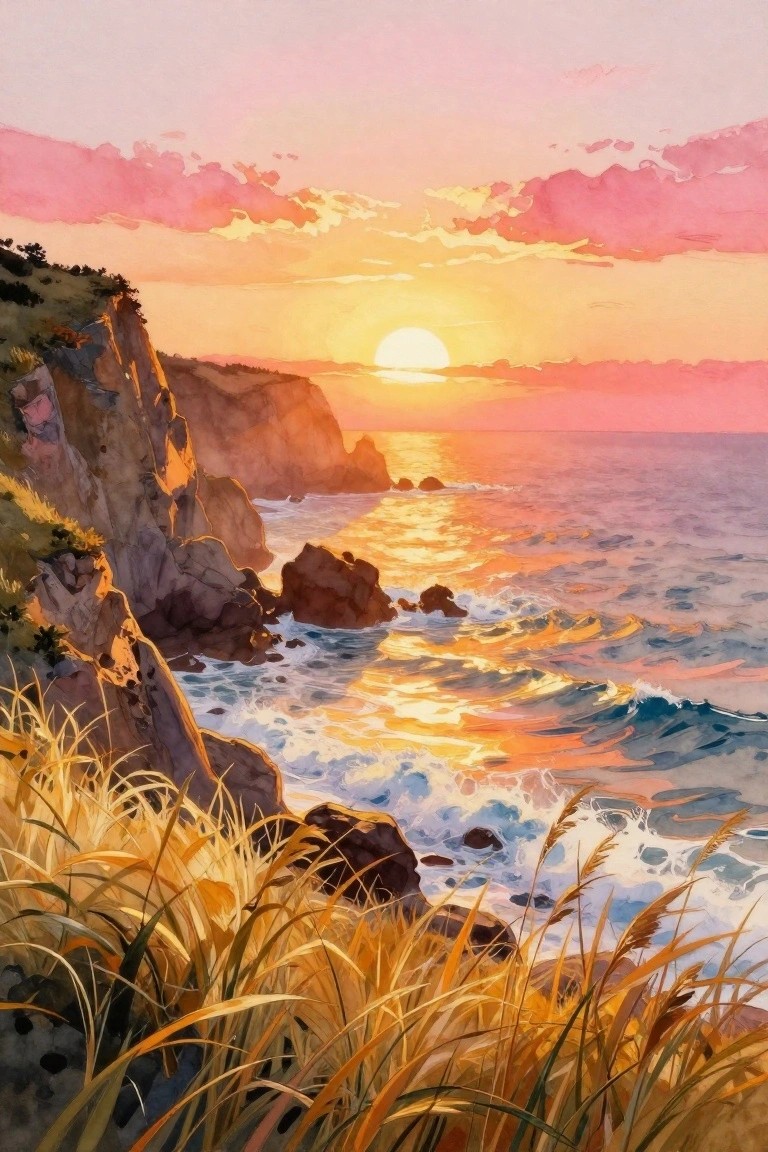Watercolor sunset over ocean with rocky cliffs, waves, and golden grass