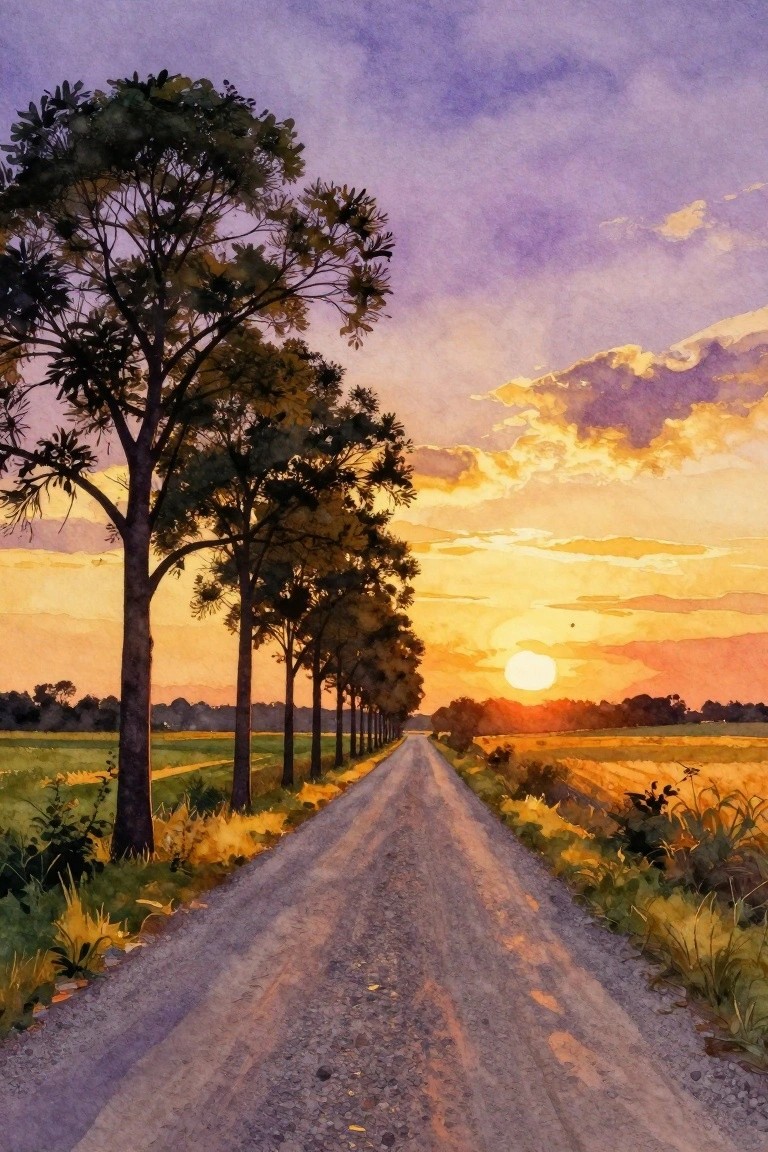 Watercolor of sunset over rural dirt road lined with trees and purple clouds