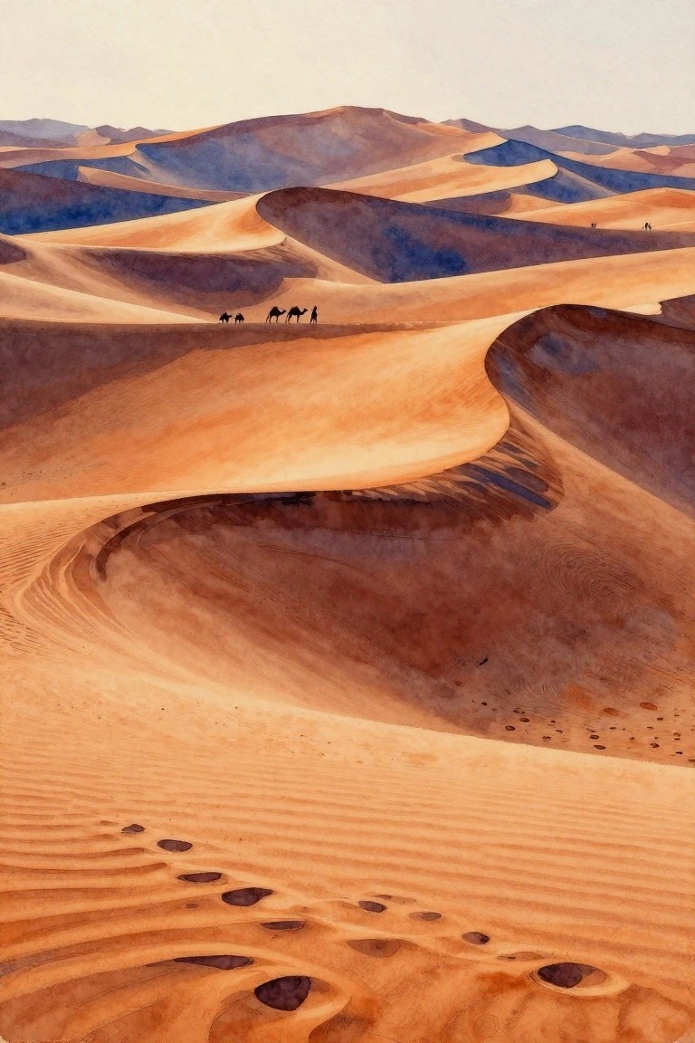 A watercolor painting of large sand dunes in warm orange and brown tones with a small caravan of camels and people walking along a distant ridge.