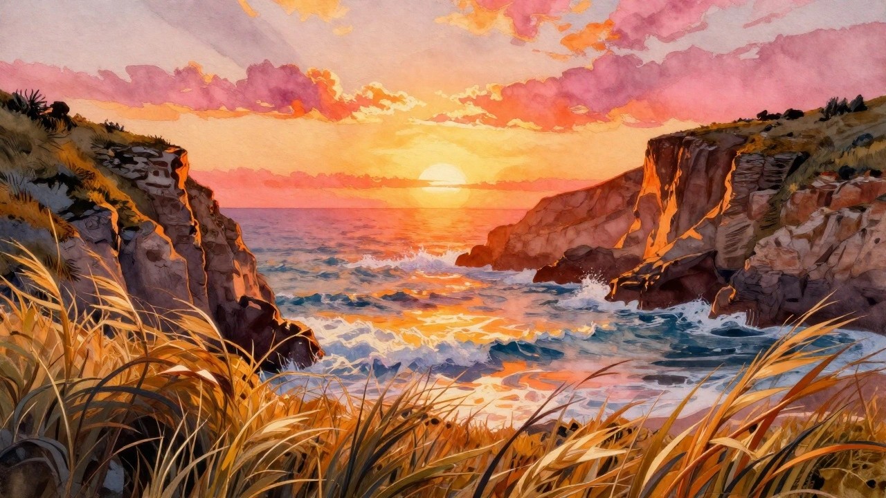 Watercolor sunset over ocean with rocky cliffs, waves, and golden grass