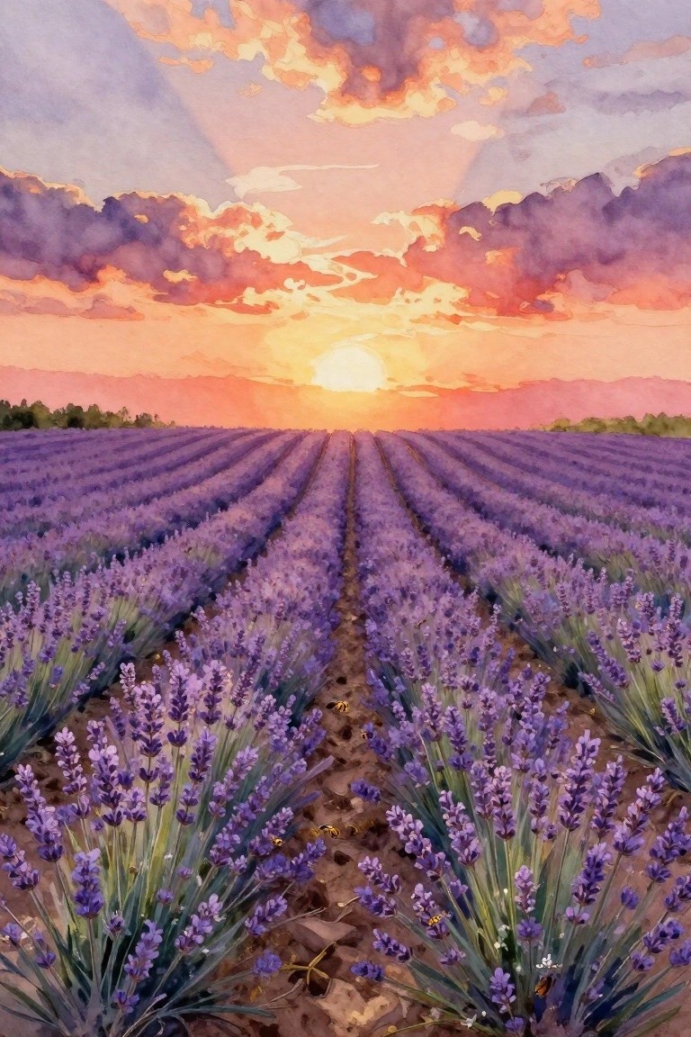 A watercolor painting shows rows of purple lavender stretching toward a bright sunset under orange and purple clouds, with small bees among the flowers.