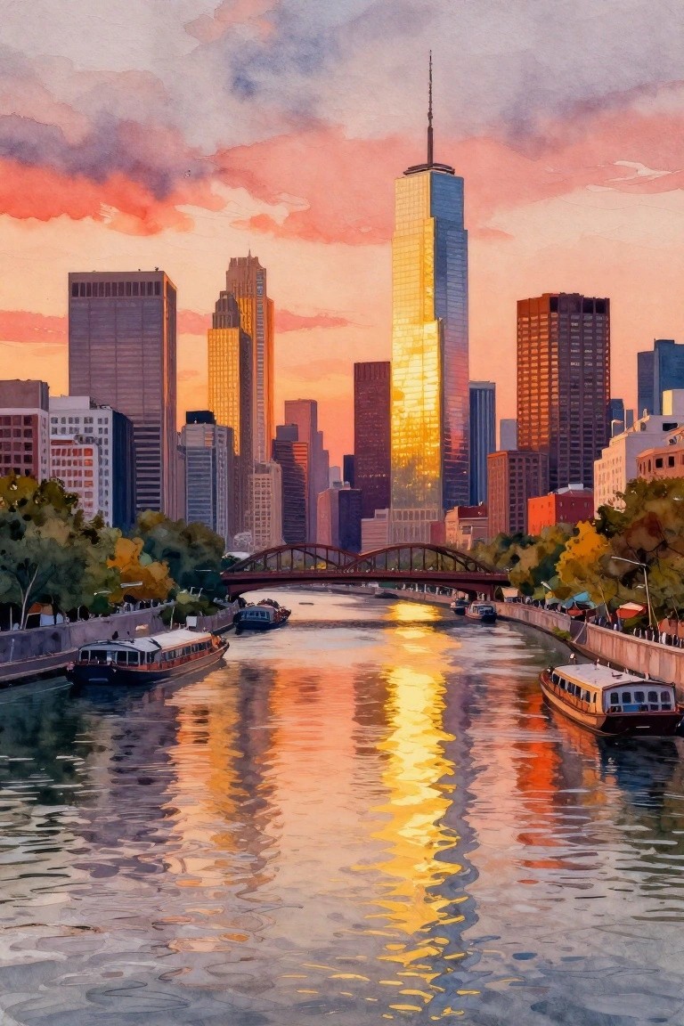 Watercolor city river at sunset with boats, bridge, and glowing skyscrapers.