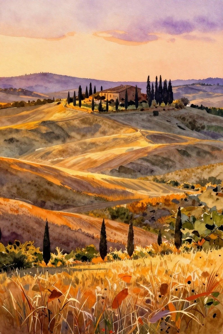 Watercolor of rolling Tuscan hills with villa and cypress trees at sunset