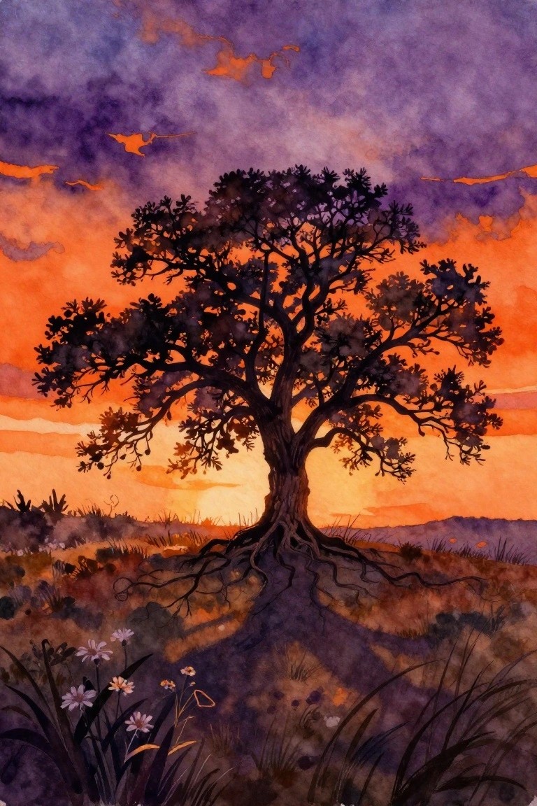 A watercolor painting of a large silhouetted tree with exposed roots against an orange and purple sunset sky, with flowers and grass in the foreground.