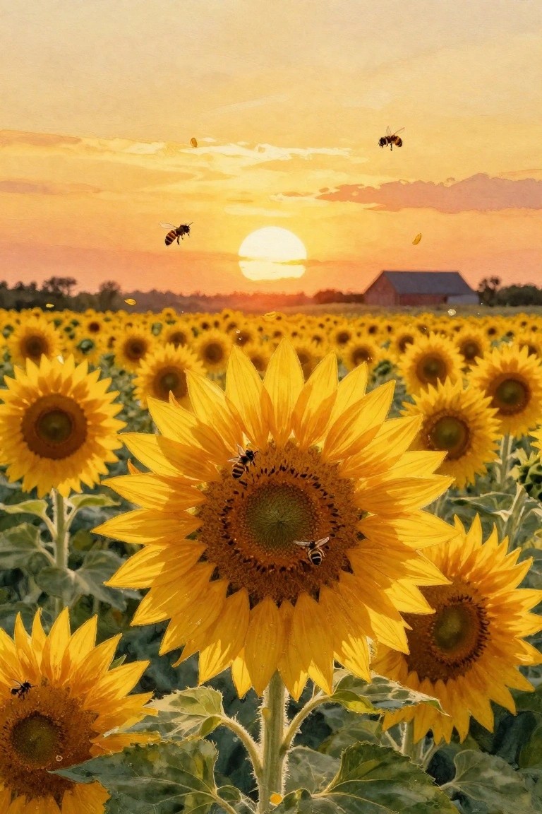 Golden sunflowers blooming at sunset with bees flying over a distant barn.