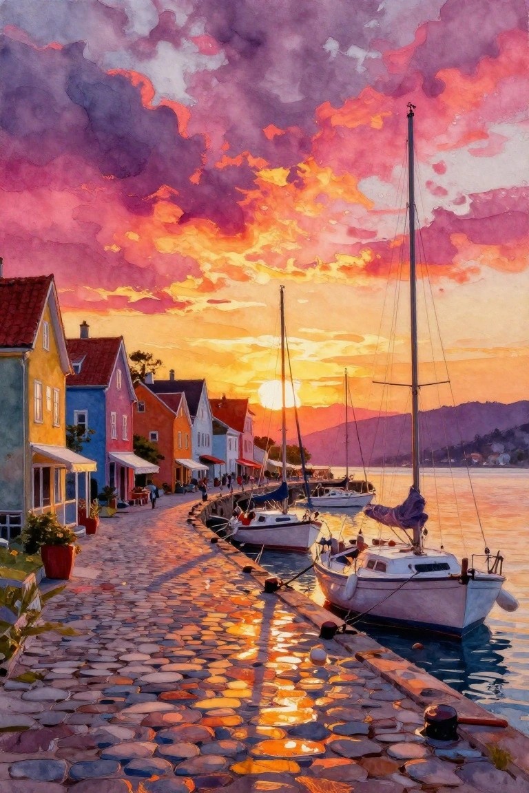 A painting of a sunset over a harbor with colorful houses along a cobblestone path and boats docked beside the water.