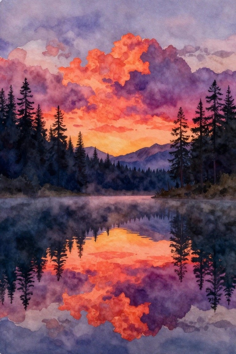 Vibrant orange-purple sunset clouds reflected in misty lake with pine trees