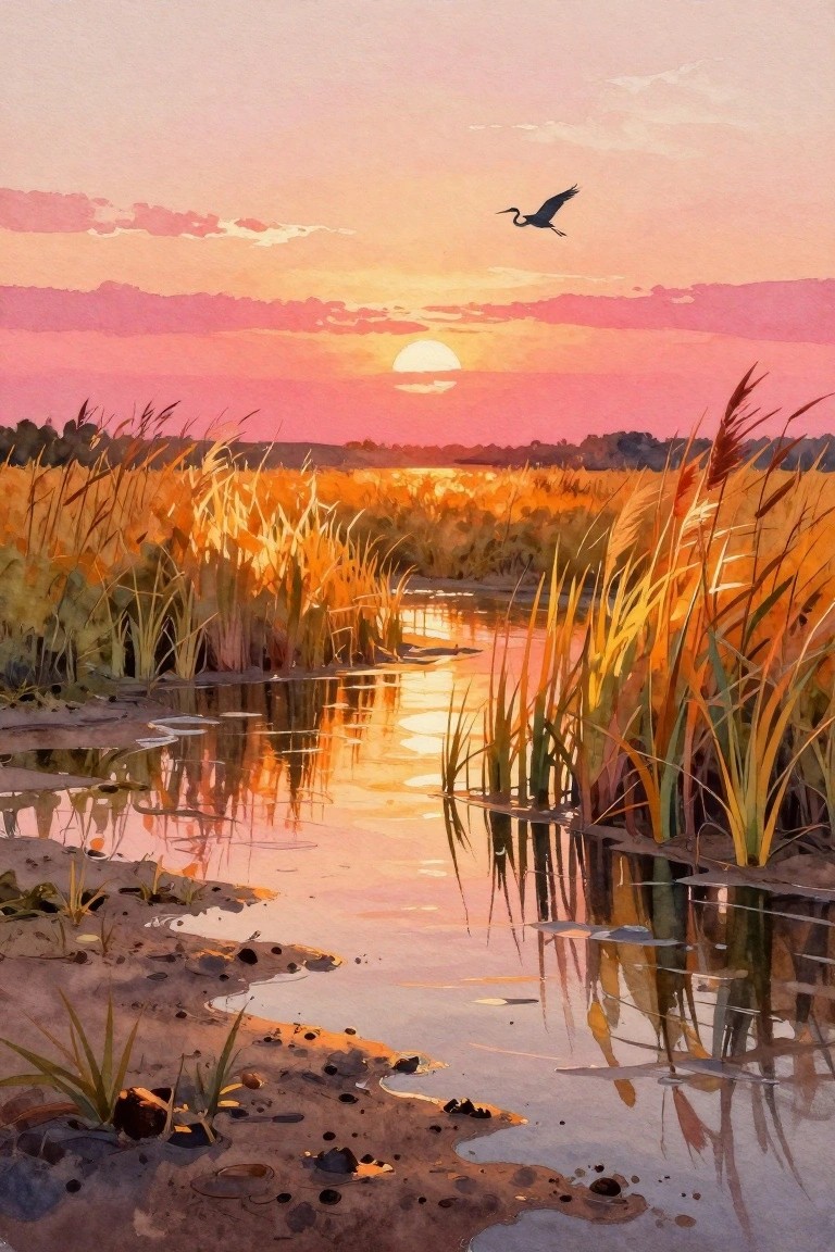 A watercolor landscape shows a sunset over a marsh with tall golden reeds, reflective water, a muddy foreground, and a dark bird flying in a pink and orange sky.