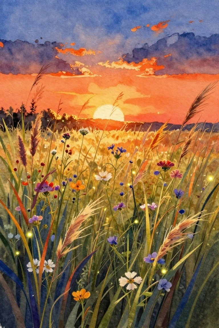 Watercolor sunset meadow with colorful wildflowers, tall grasses, and glowing fireflies