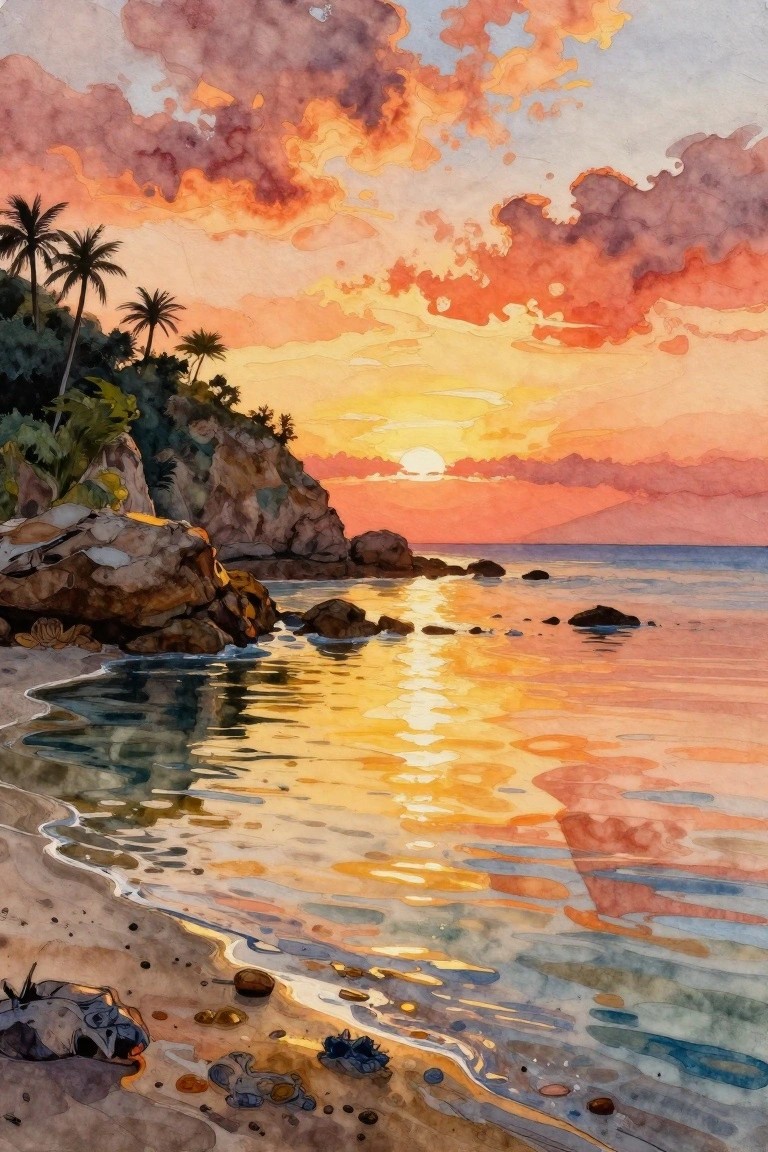 A watercolor-style painting of a sunset over the ocean with a rocky beach, palm trees on a cliff, and bright reflections on the water.