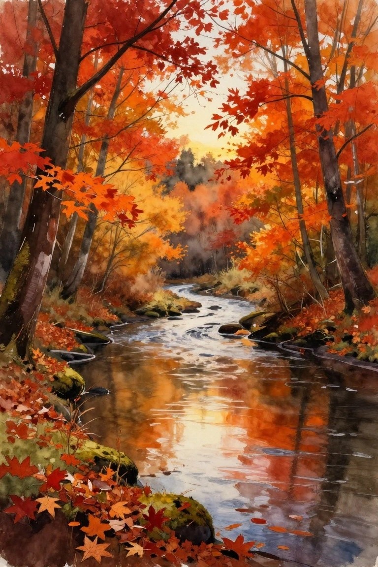 Watercolor painting of an autumn forest stream at sunset with orange leaves and reflections in the water.