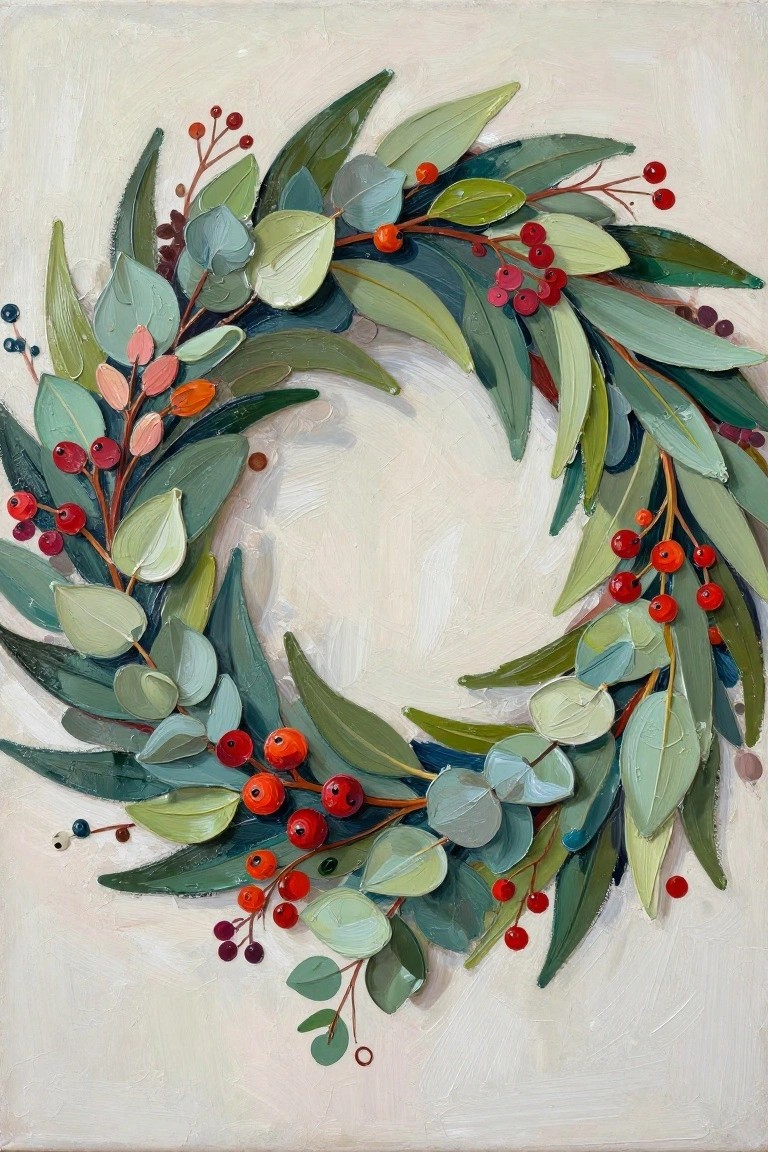 Textured oil painting of a circular wreath with green leaves and red berries.