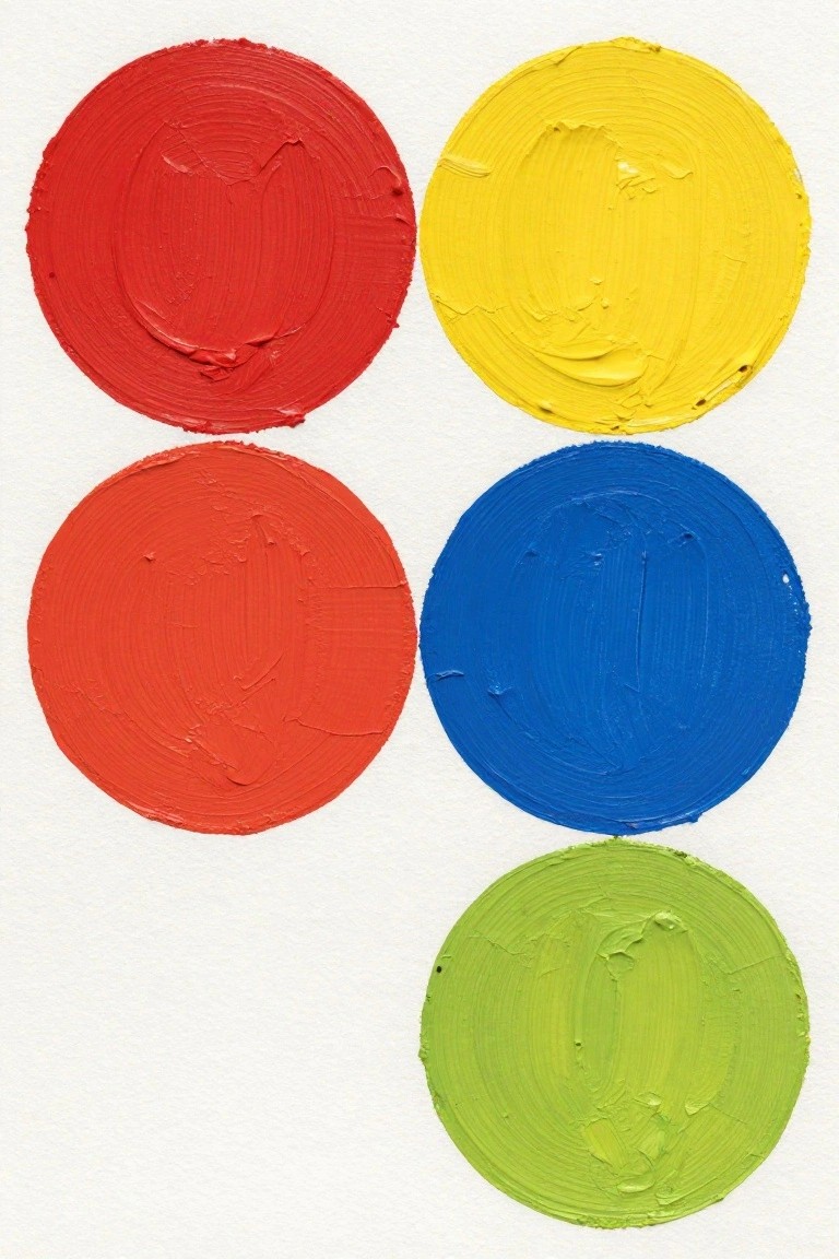 Five textured paint circles in red, yellow, blue, orange, and green on white.
