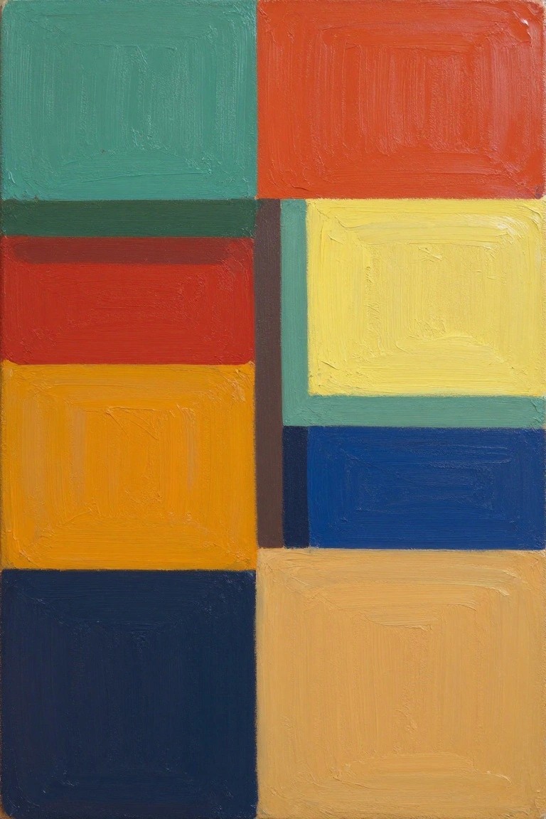 Abstract geometric painting of vibrant rectangles in teal, red, orange, yellow, and blue.