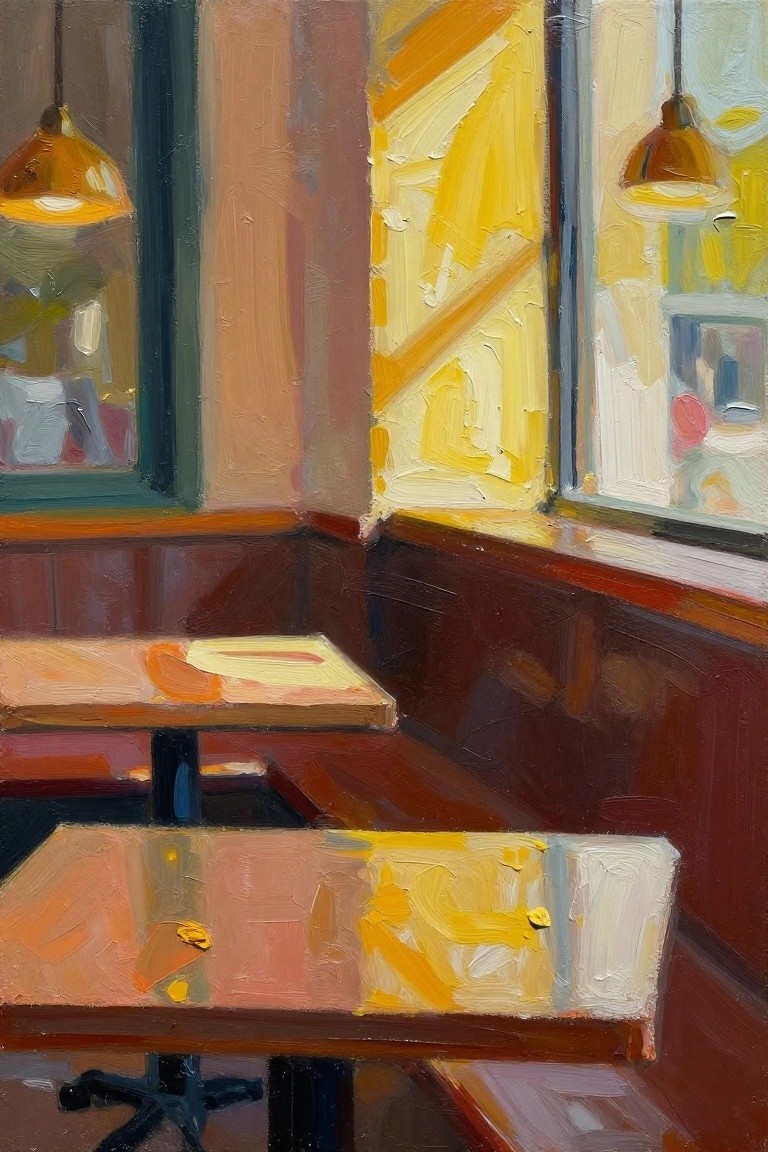 Empty diner booth with sunlight streaming across orange tables and dark wood seating.