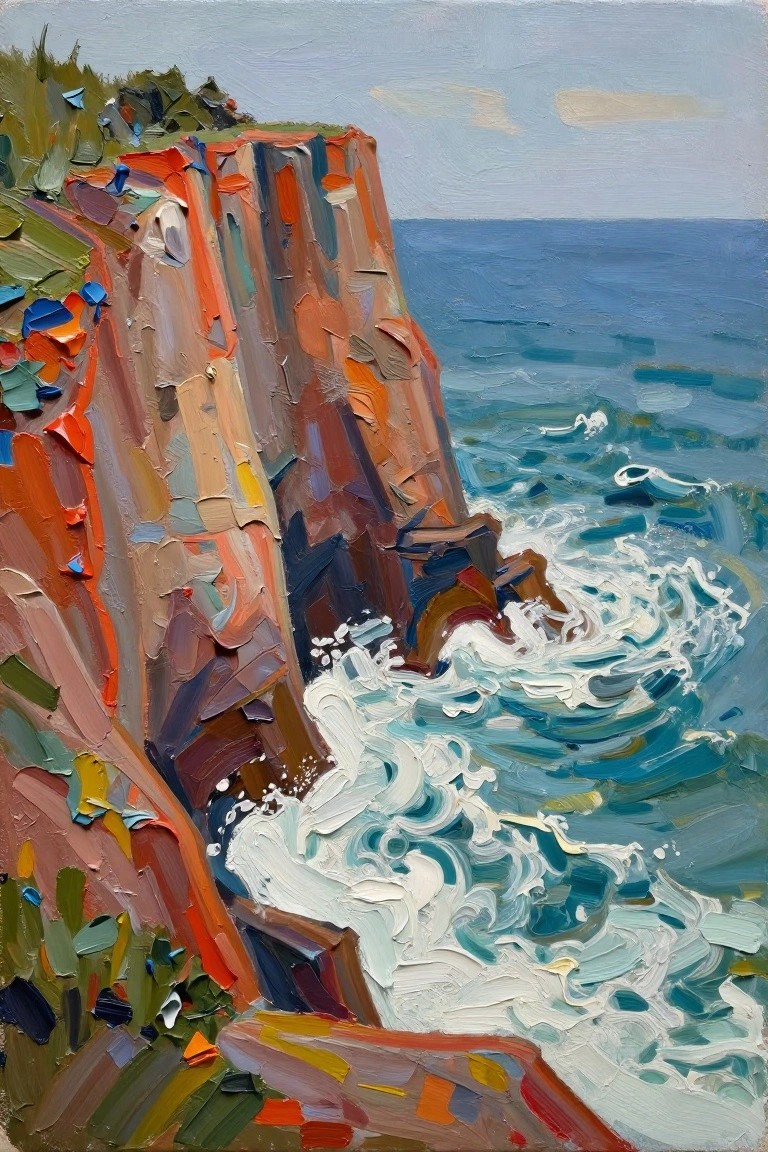 Thick acrylic painting of orange-brown cliffs with waves crashing against the rocks in blue and white.
