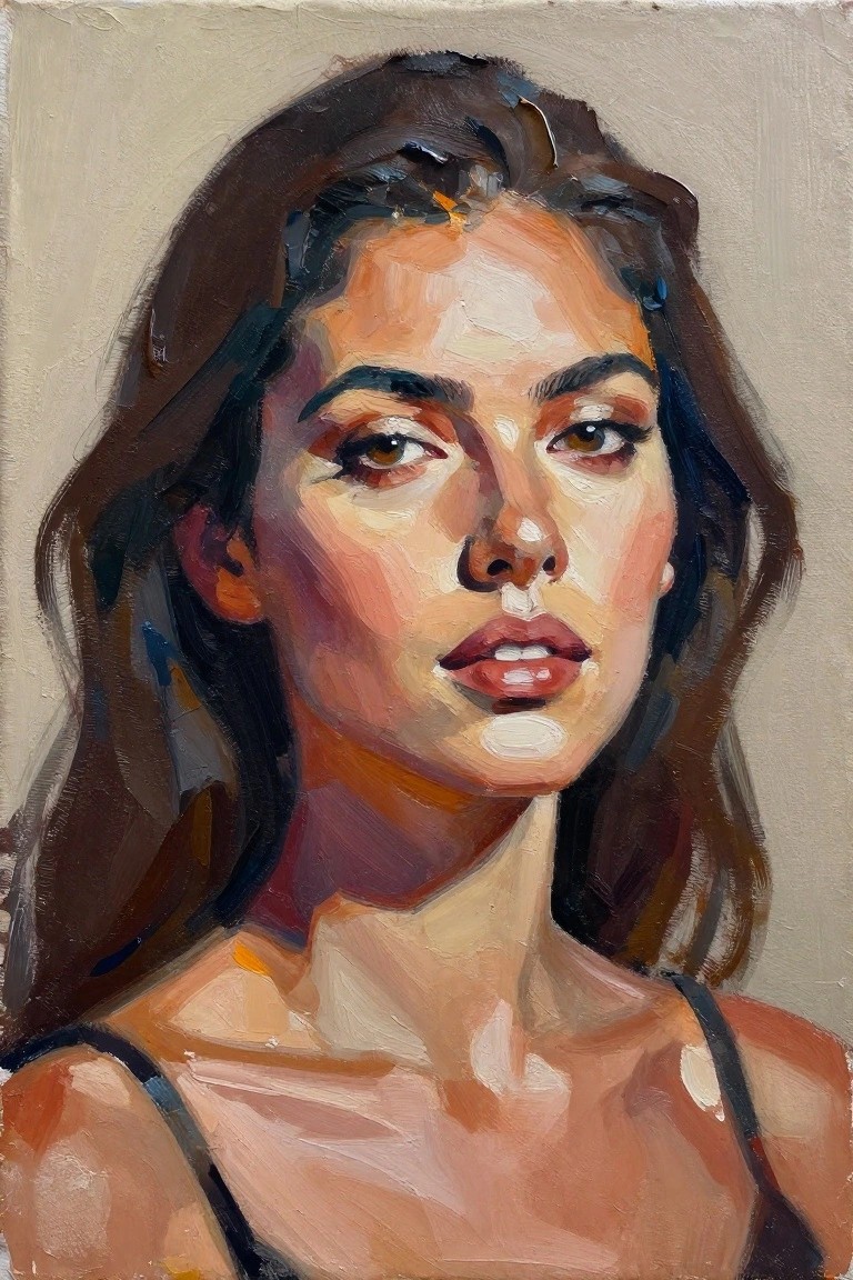 Oil portrait of a woman with dark hair, brown eyes, and black straps.