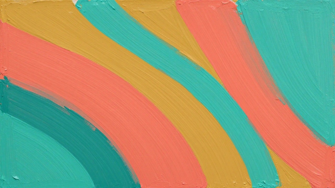 Abstract canvas with bold intersecting teal and coral brushstrokes.