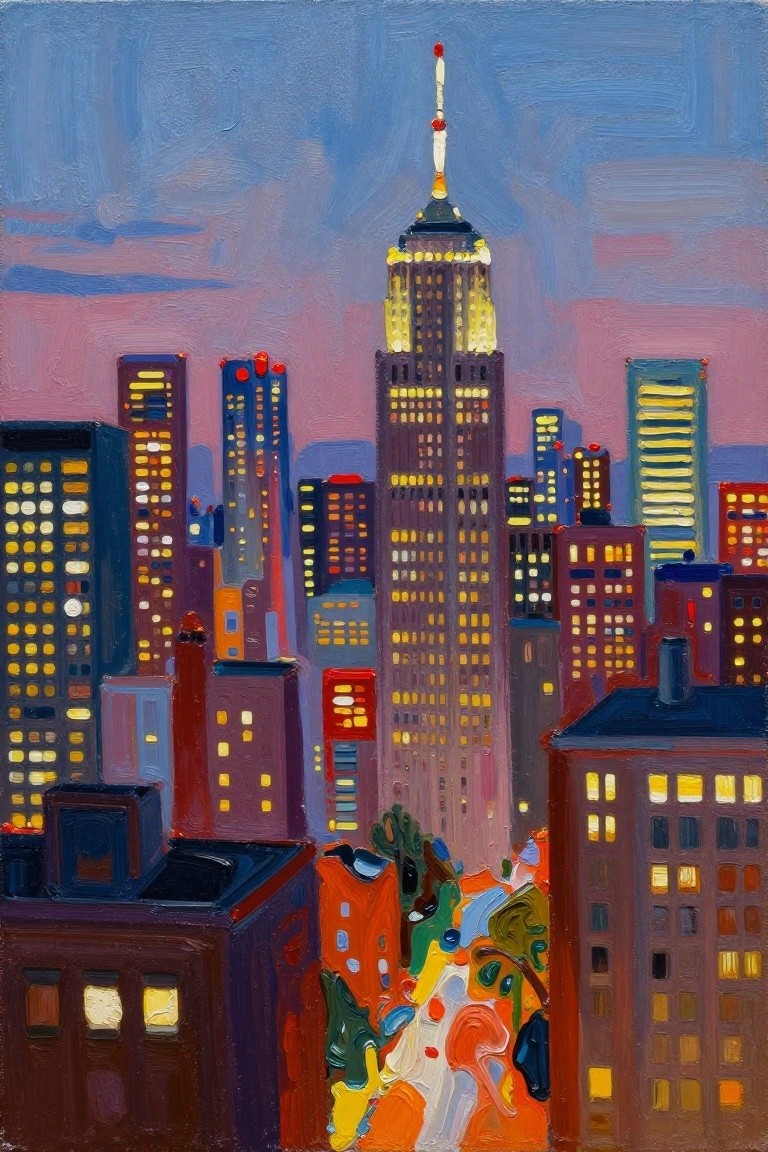 Vibrant painting of glowing NYC skyscrapers at dusk, Empire State Building centered.