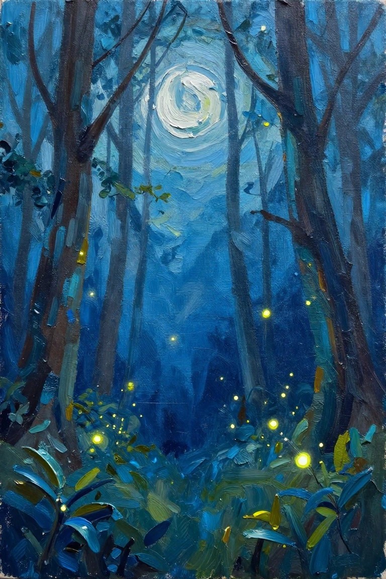 Oil painting of moonlit blue forest with swirling moon and glowing fireflies