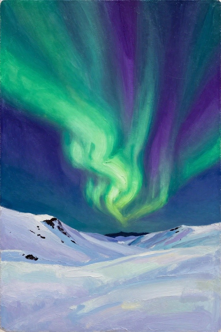 Swirling green and purple aurora borealis over snow-covered hills under night sky