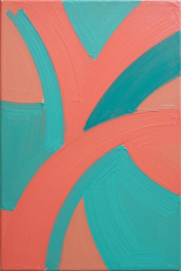 Abstract canvas with bold intersecting teal and coral brushstrokes.