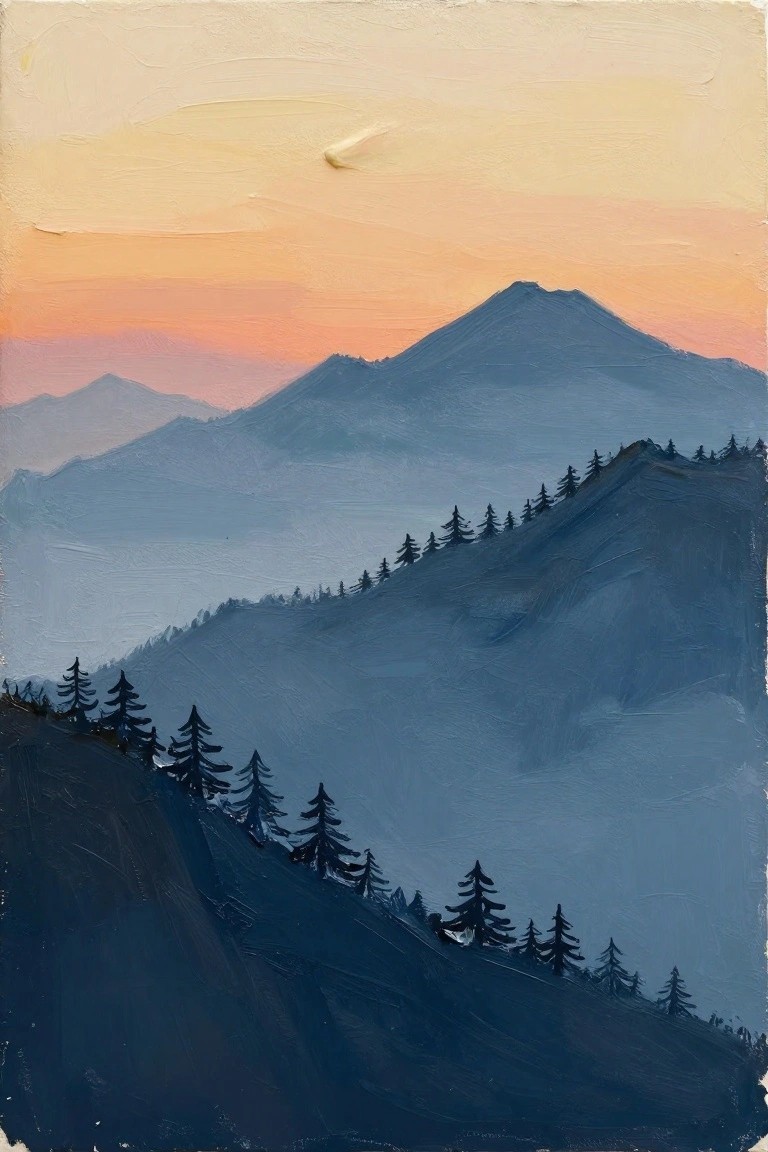 Layered blue mountains with silhouetted pines beneath a vibrant orange-pink sunset sky.