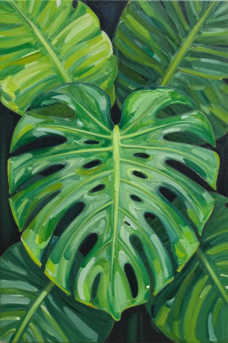 Vibrant green Monstera leaves with holes in lush painted tropical style