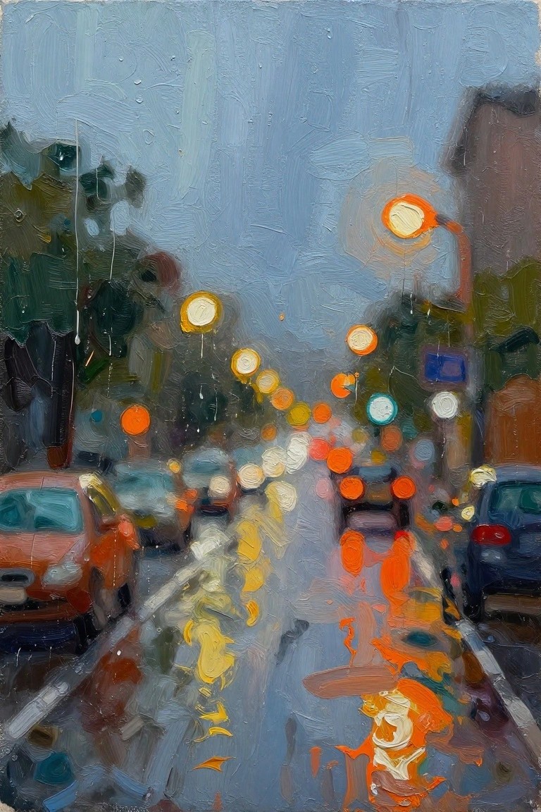 Rainy city street with cars, glowing streetlights, and colorful reflections on wet pavement.