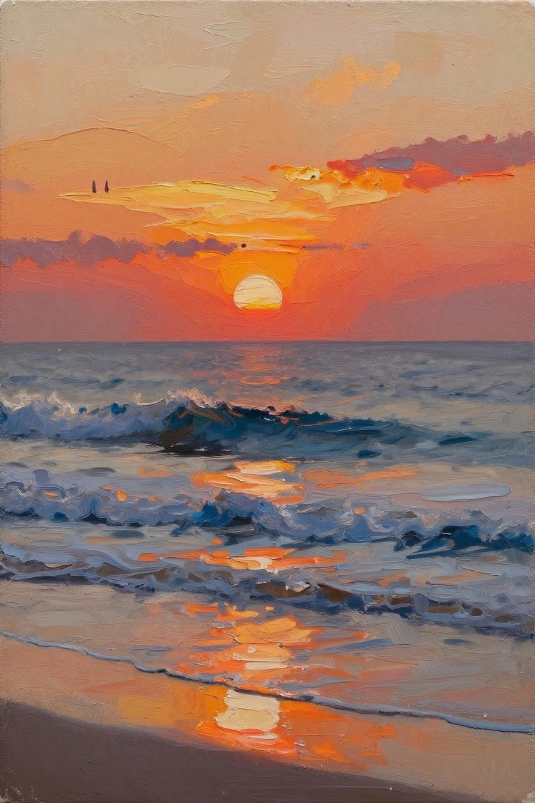 An acrylic painting of a sunset over the ocean with a bright sun on the horizon, orange and red sky, breaking waves with reflections, and a sandy beach in the foreground.