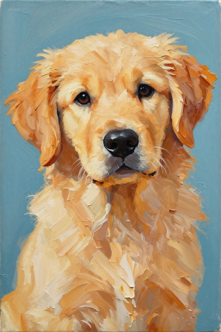 A close-up acrylic painting of a golden retriever puppy's face with textured brushstrokes against a solid blue background.