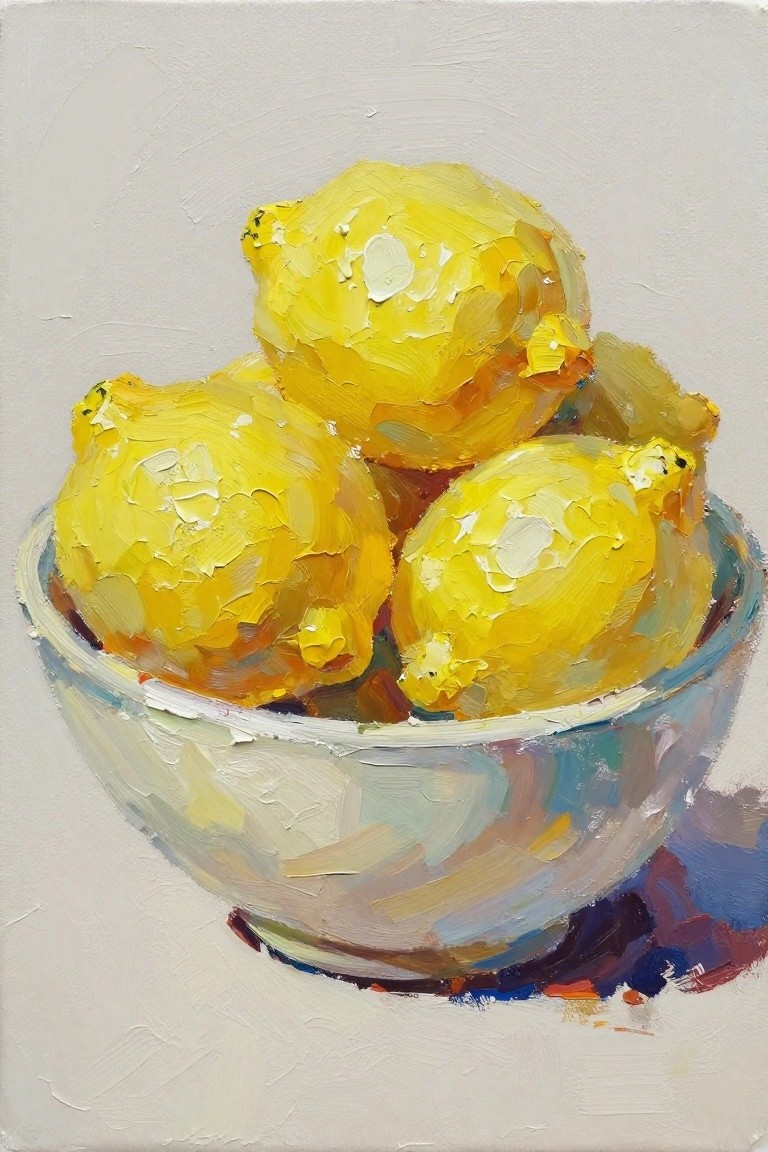 Impasto painting of bright yellow lemons in a blue and white bowl.