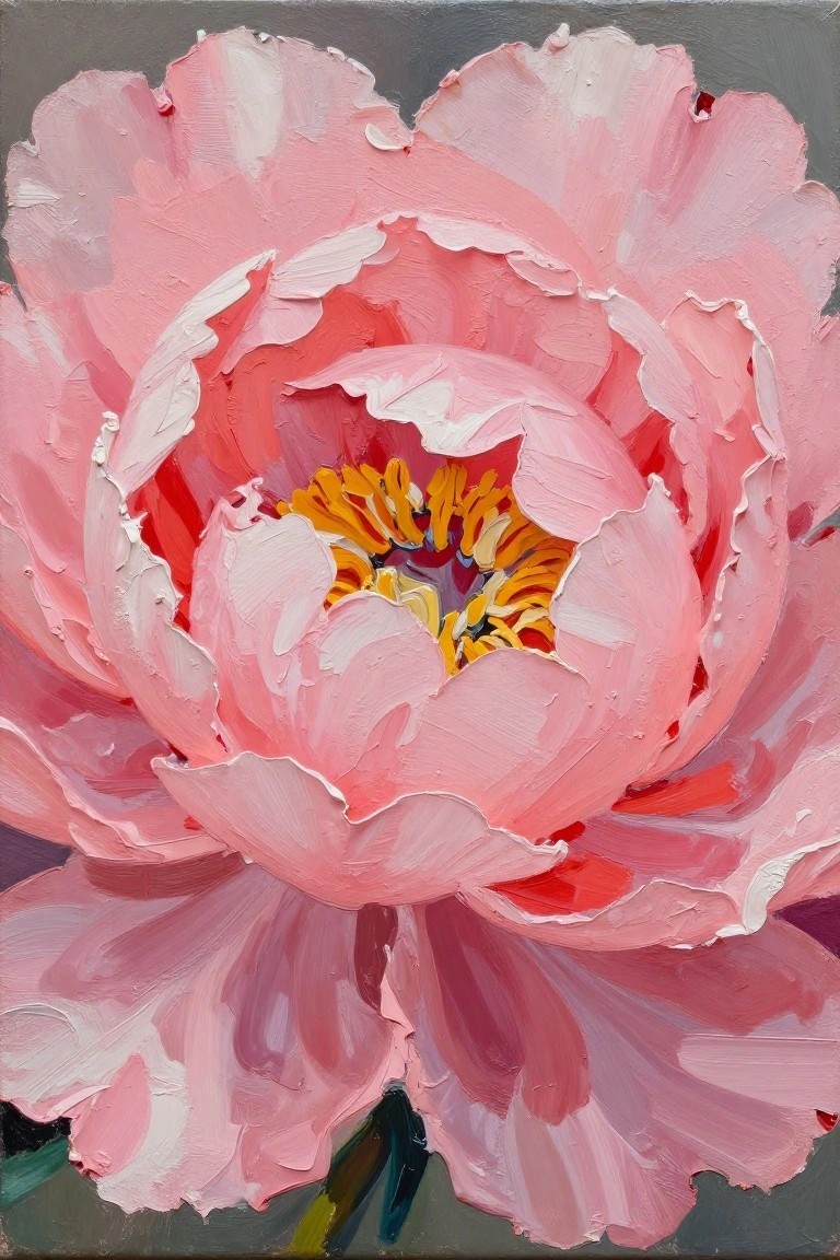 Thickly textured pink peony with layered petals and vibrant yellow-red center.